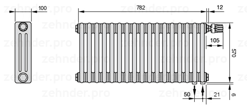 Схема (чертеж) Радиатор Zehnder Charleston 3057/17 №V002 Белый глянцевый RAL 9016